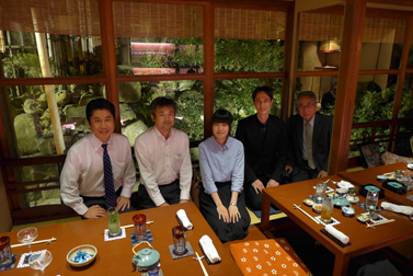 Junichiro Naoe, Taro Nakamura, Yurine Nakamura, Kevin Cory and Shigeyuki Naoe at Bar Hitoha in Kazue-machi, Kanazawa
