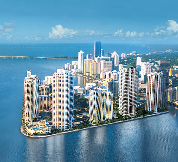 Ariel view of Brickell Key with Rickenbacker Causeway in the background
