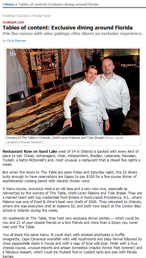 florida trend, florida life, tables of content: exclusive dining around florida, the table in orlando, chefs loren falsone and tyler brassil