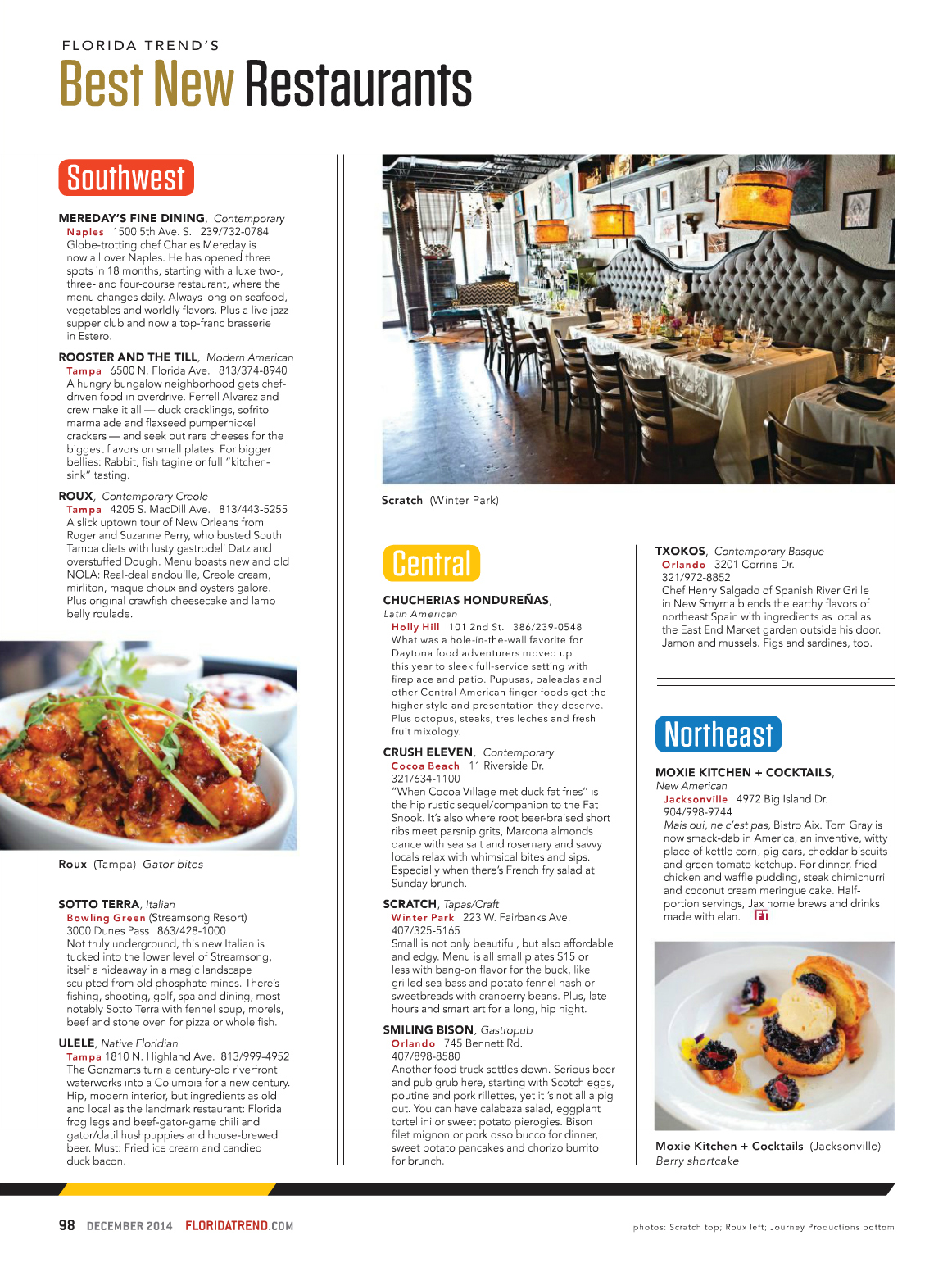 florida trend's best new restaurants, mereday's fine dining naples, rooster and the till tampa, roux tampa, sotto terra bowling green, ulele tampa, chucherias hondurenas holly hill, crush eleven cocoa beach, scratch winter park, smiling bison orlando, txokos orlando, moxie kitchen + cocktails jacksonville, 