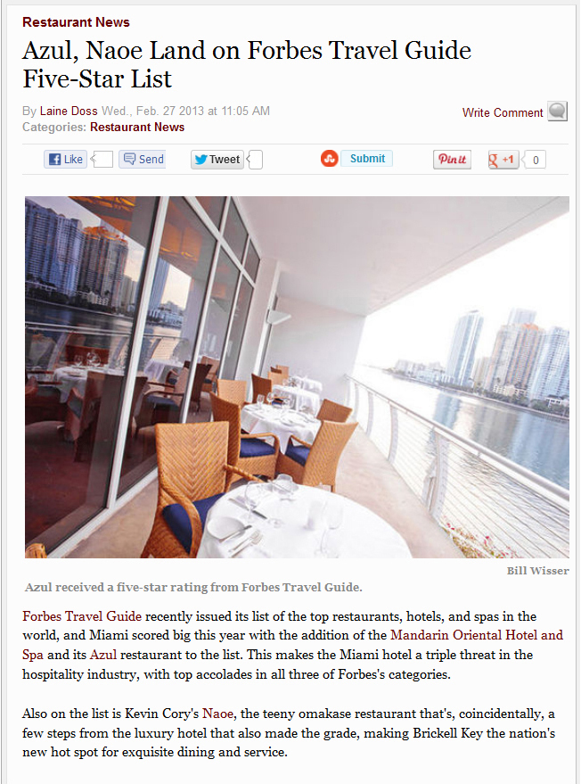 Azul, Naoe Land on Forbes Travel Guide Five-Star List, Miami New Times, Restaurant News