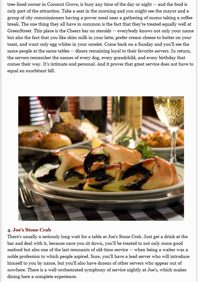 Greenstreet Cafe, Joe's Stone Crab, Five Restaurants With the Best Service in Miami, Miami New Times Best of Miami