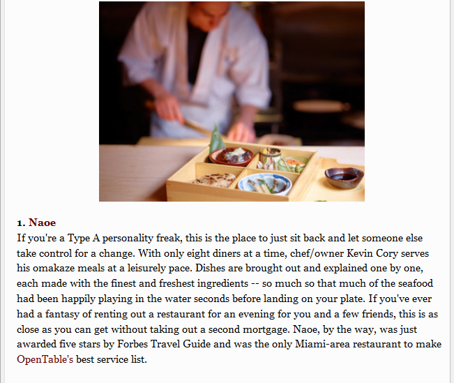 Naoe, Kevin Cory, Five Restaurants With the Best Service in Miami, Miami New Times Best of Miami #1